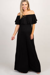 Black Off Shoulder Ruffle Trim Maternity Maxi Dress
