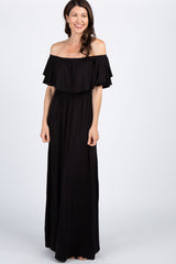 Black Off Shoulder Ruffle Trim Maternity Maxi Dress
