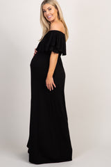 Black Off Shoulder Ruffle Trim Maternity Maxi Dress