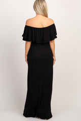 Black Off Shoulder Ruffle Trim Maternity Maxi Dress