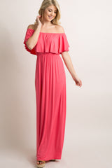 Coral Off Shoulder Ruffle Trim Maxi Dress