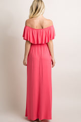 Coral Off Shoulder Ruffle Trim Maxi Dress