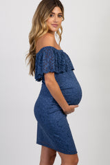 PinkBlush Blue Lace Off Shoulder Fitted Maternity Dress