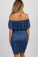 PinkBlush Blue Lace Off Shoulder Fitted Maternity Dress