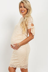 PinkBlush Beige Lace Overlay Sleeve Tie Fitted Maternity Dress