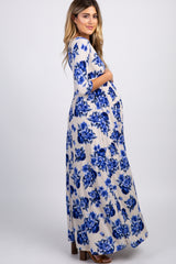 PinkBlush Blue Floral Sash Tie Maternity/Nursing Maxi Dress