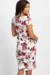 Ivory Floral V Neck Fitted Maternity Dress