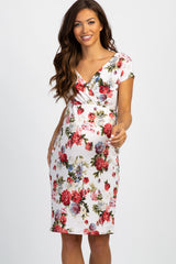 Ivory Floral V Neck Fitted Maternity Dress