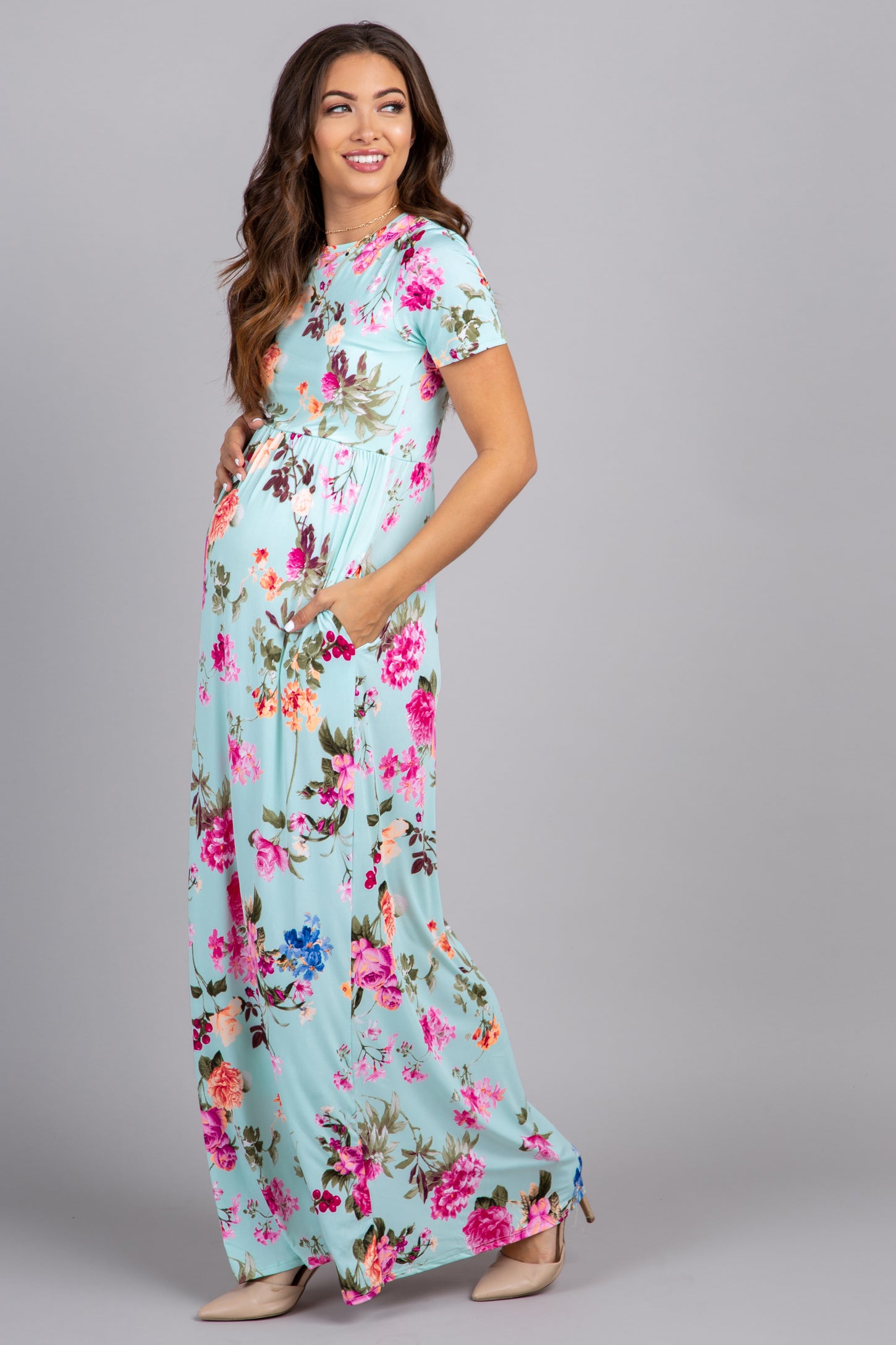 PinkBlush Mint Rose Short Sleeve Maternity Maxi Dress