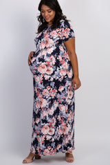 Navy Floral Short Sleeve Plus Maternity Maxi Dress