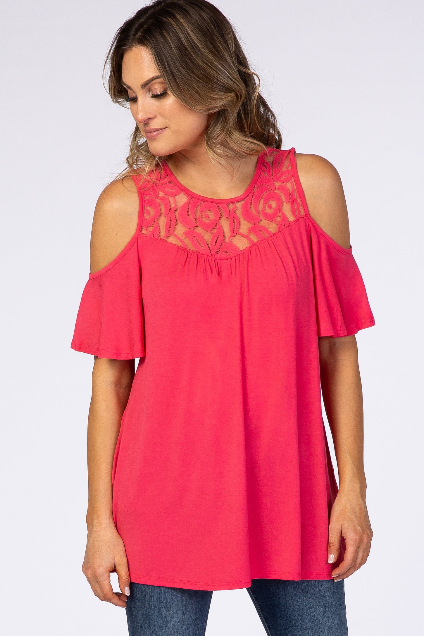 Coral Lace Accent Cold Shoulder Maternity Top