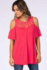 Coral Lace Accent Cold Shoulder Maternity Top