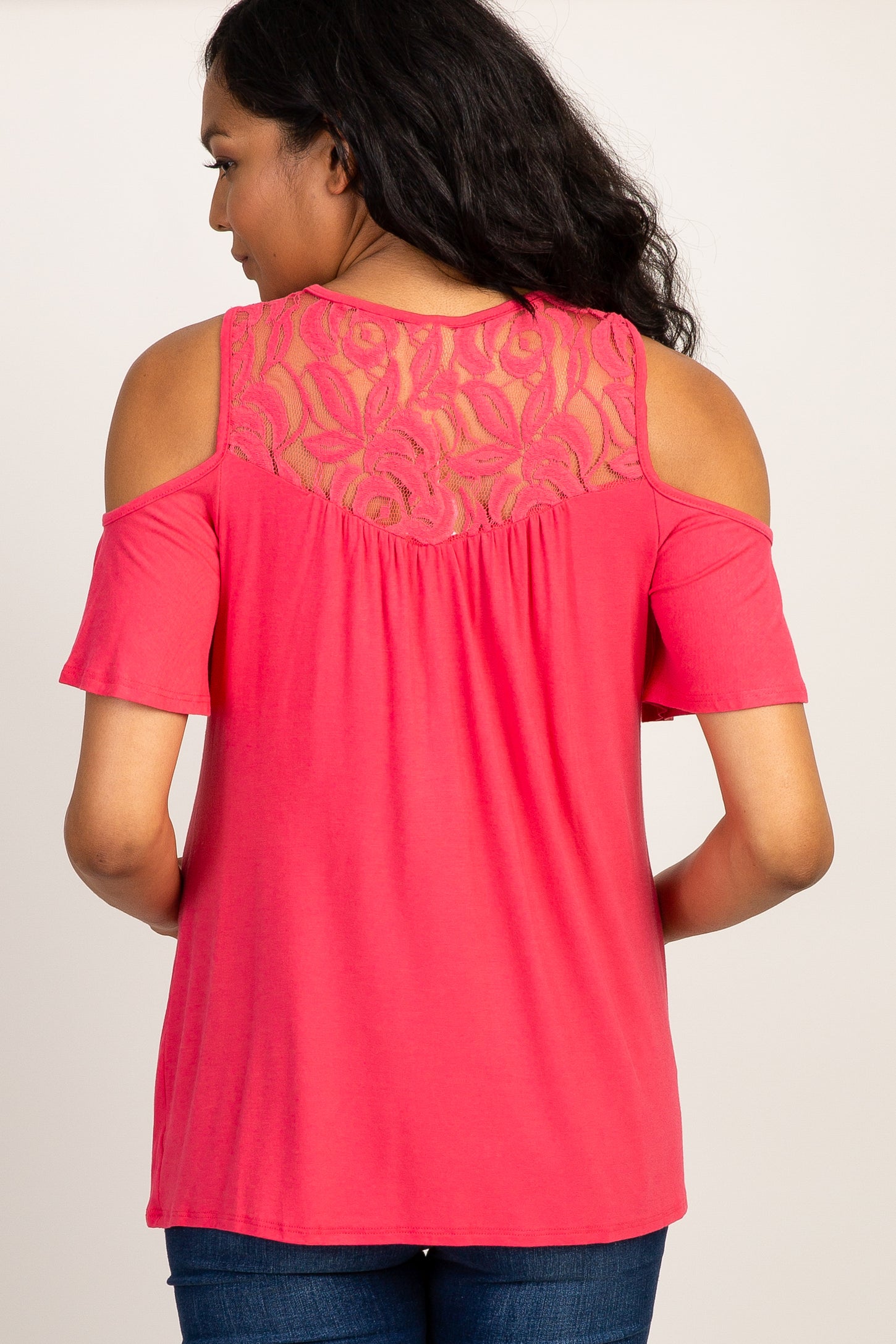 Coral Lace Accent Cold Shoulder Maternity Top