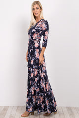 Navy Rose Floral Wrap Maxi Dress