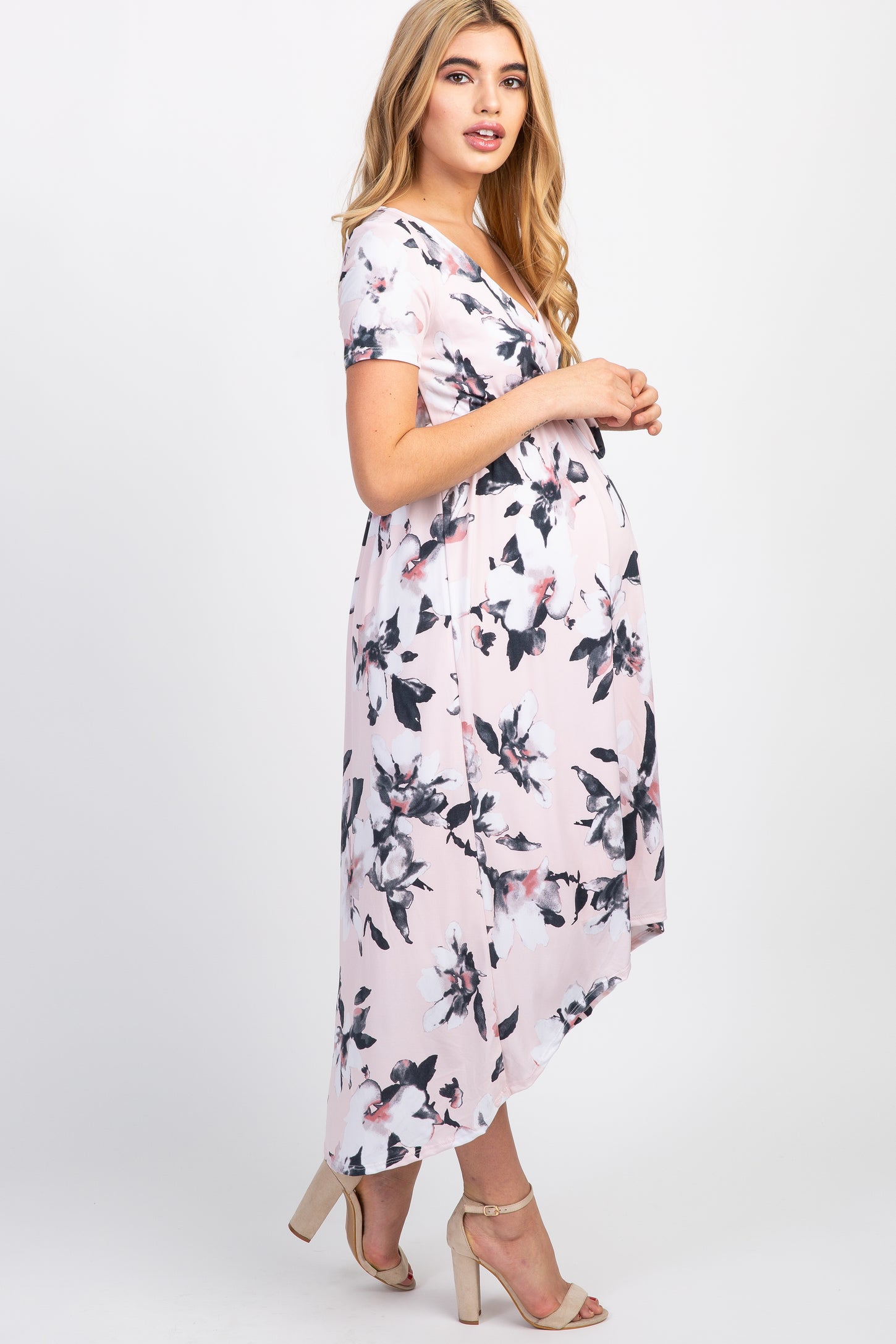 Pink Floral Hi-Low Maternity Wrap Dress