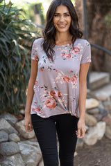 PinkBlush Taupe Floral Knot Top