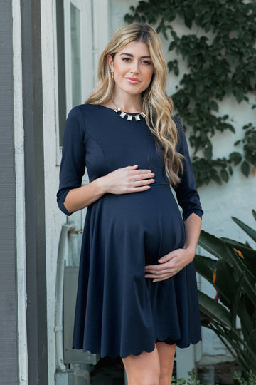 PinkBlush Navy Solid Scalloped Hem Maternity Dress