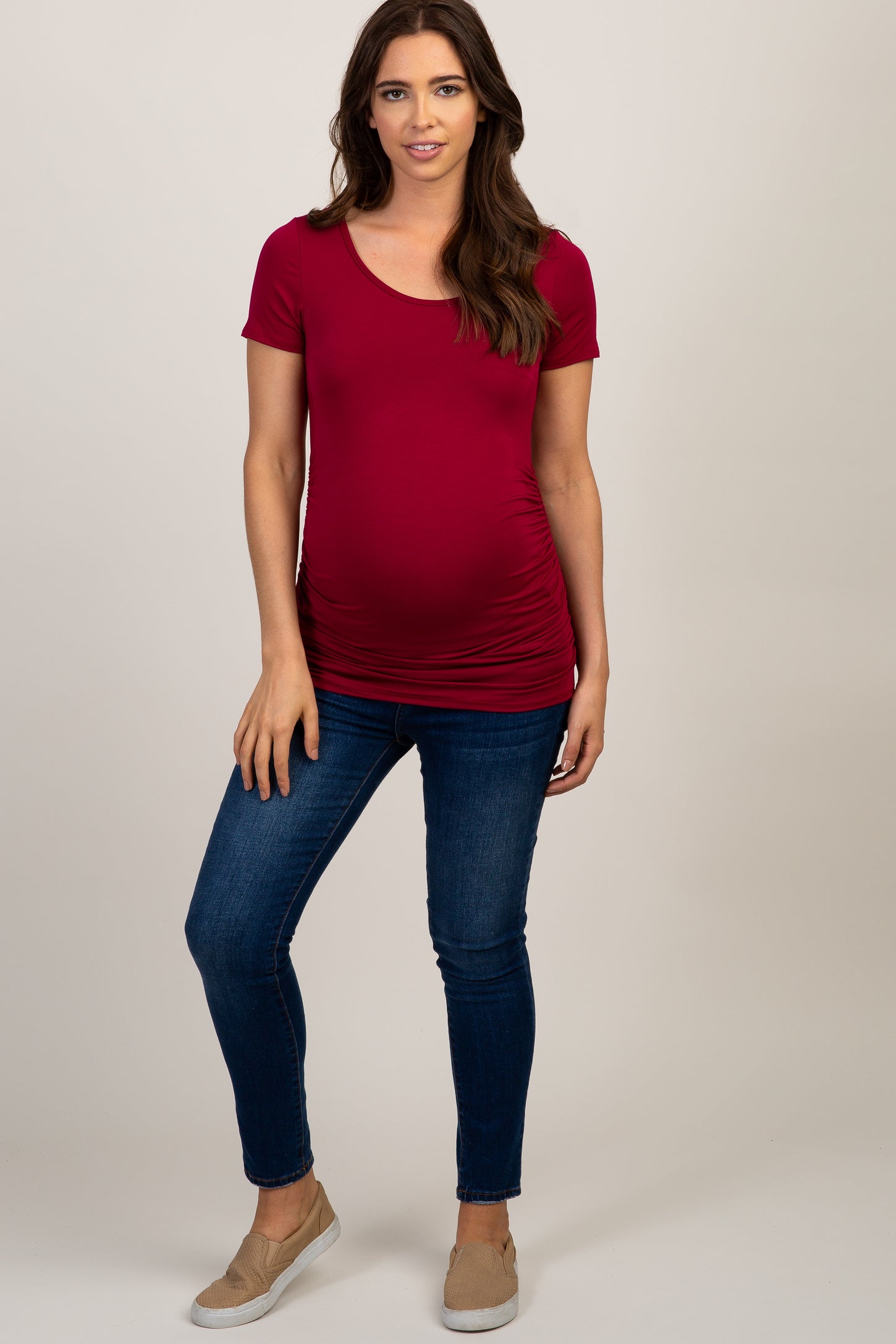 PinkBlush Burgundy Ruched Short Sleeve Maternity Top