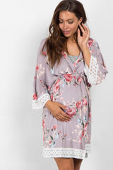 PinkBlush Grey Rose Floral Lace Trim Delivery/Nursing Maternity Robe