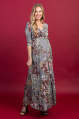 PinkBlush Grey Floral Sash Tie Maternity/Nursing Dress