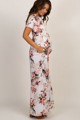Peach Floral Short Sleeve Maternity Maxi Dress