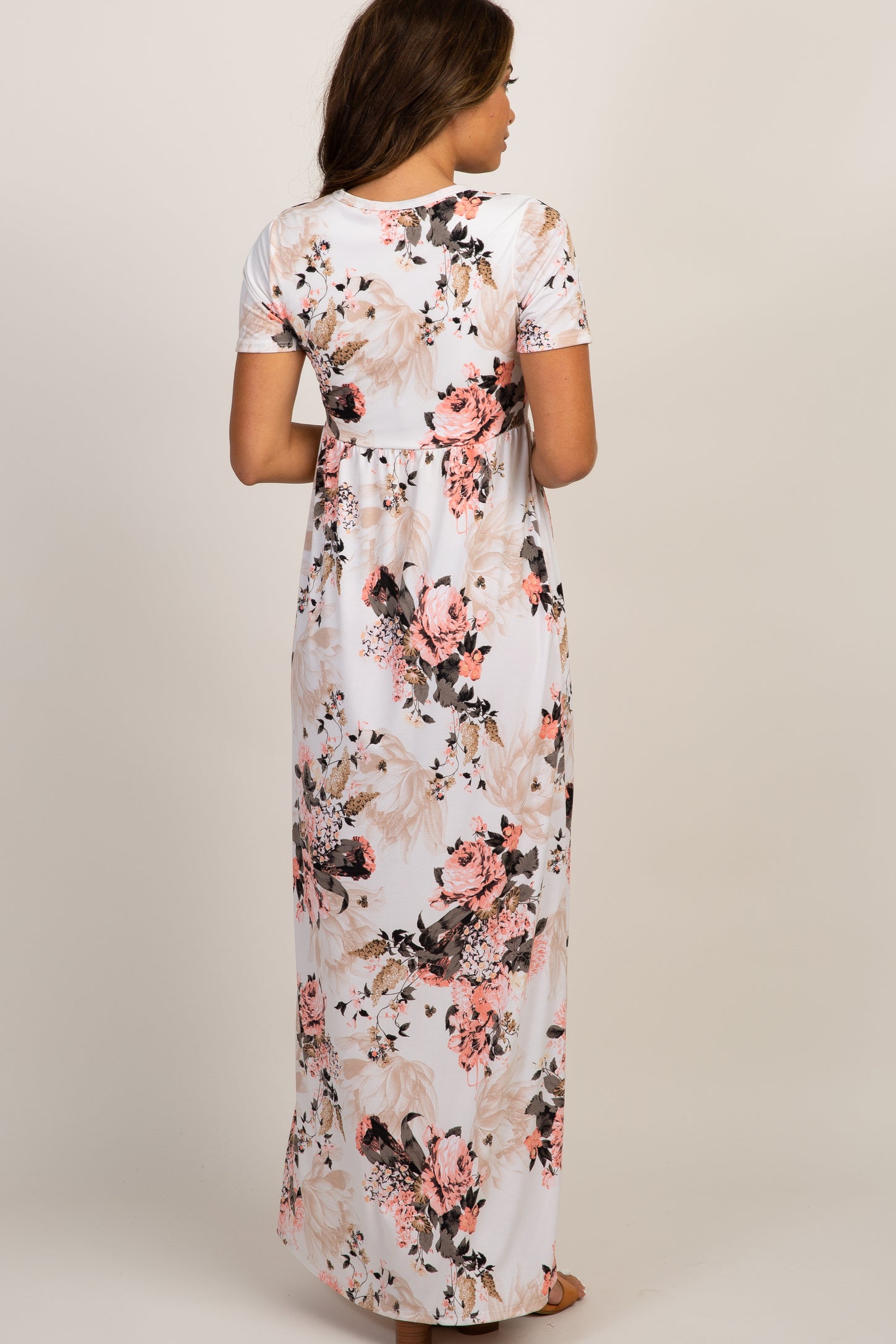 Peach Floral Short Sleeve Maternity Maxi Dress