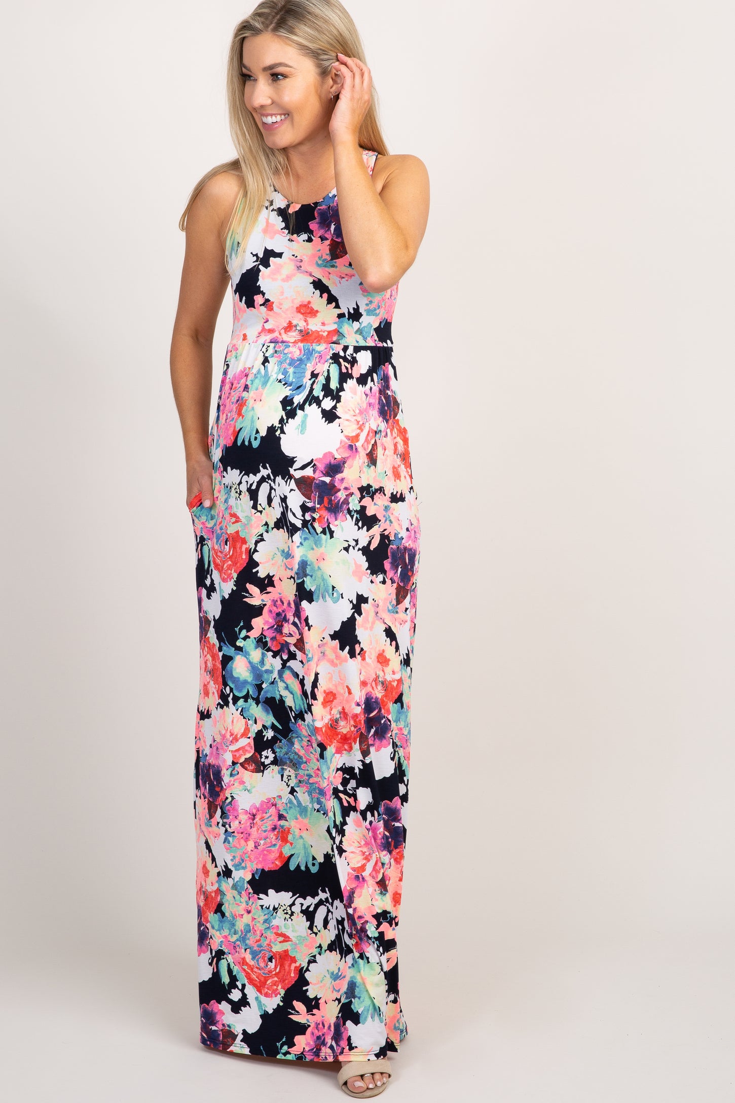 PinkBlush Navy Abstract Floral Sleeveless Maternity Maxi Dress