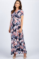 Navy Floral V Neck Knot Front Maternity Maxi Dress