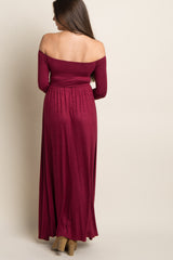 Dark Burgundy Solid Off Shoulder Maxi Dress