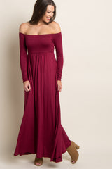 Dark Burgundy Solid Off Shoulder Maxi Dress