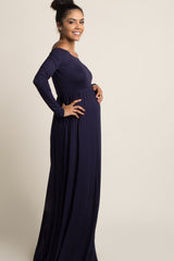 PinkBlush Navy Blue Solid Off Shoulder Maternity Maxi Dress