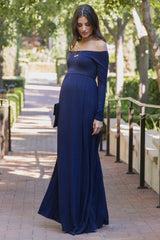 PinkBlush Navy Blue Solid Off Shoulder Maternity Maxi Dress