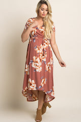 Rust Floral Hi-Low Maternity Wrap Dress