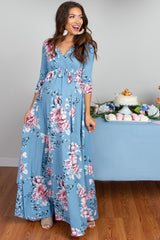 PinkBlush Blue Floral Sash Tie Maternity/Nursing Wrap Maxi Dress