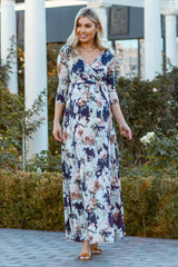 PinkBlush Blue Floral Sash Tie Maternity/Nursing Maxi Dress