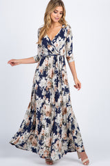 PinkBlush Blue Floral Sash Tie Maternity/Nursing Maxi Dress