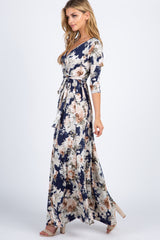 PinkBlush Navy Blue Floral Sash Tie Maxi Dress