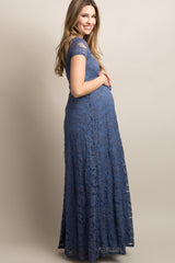 Blue Lace Sash Tie Maternity Gown