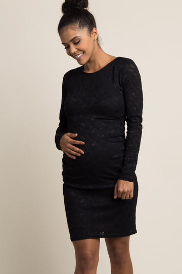 PinkBlush Black Lace Fitted Long Sleeve Maternity Dress