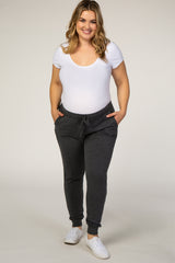 Charcoal Solid Hued Drawstring Plus Maternity Joggers