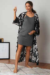 PinkBlush Black Floral Delivery/Nursing Long Maternity Robe