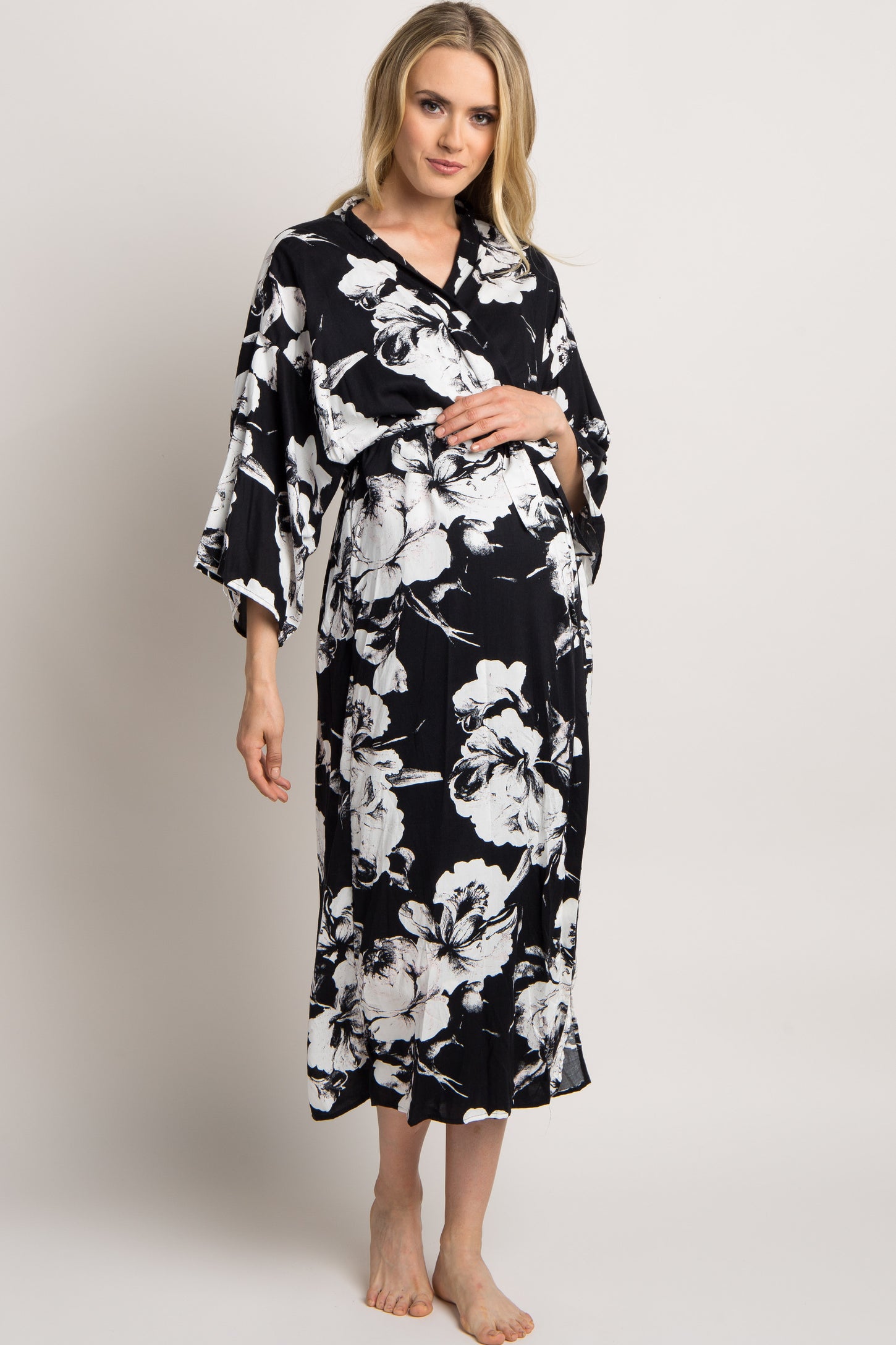 PinkBlush Black Floral Delivery/Nursing Long Maternity Robe