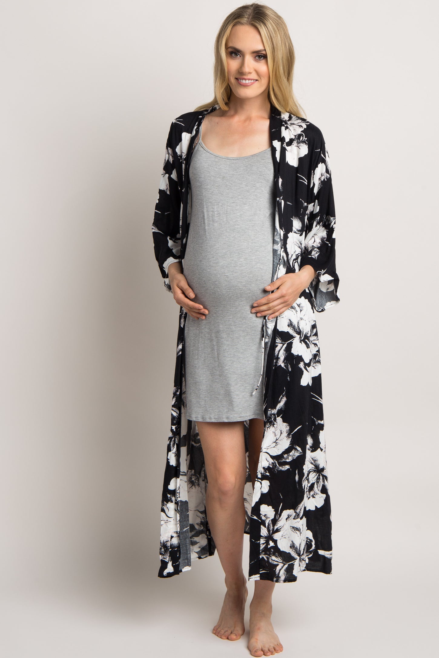PinkBlush Black Floral Delivery/Nursing Long Maternity Robe