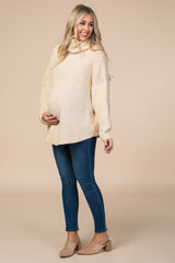Beige Cowl Neck Knit Maternity Sweater