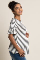 White Striped Ruffle Sleeve Maternity Top