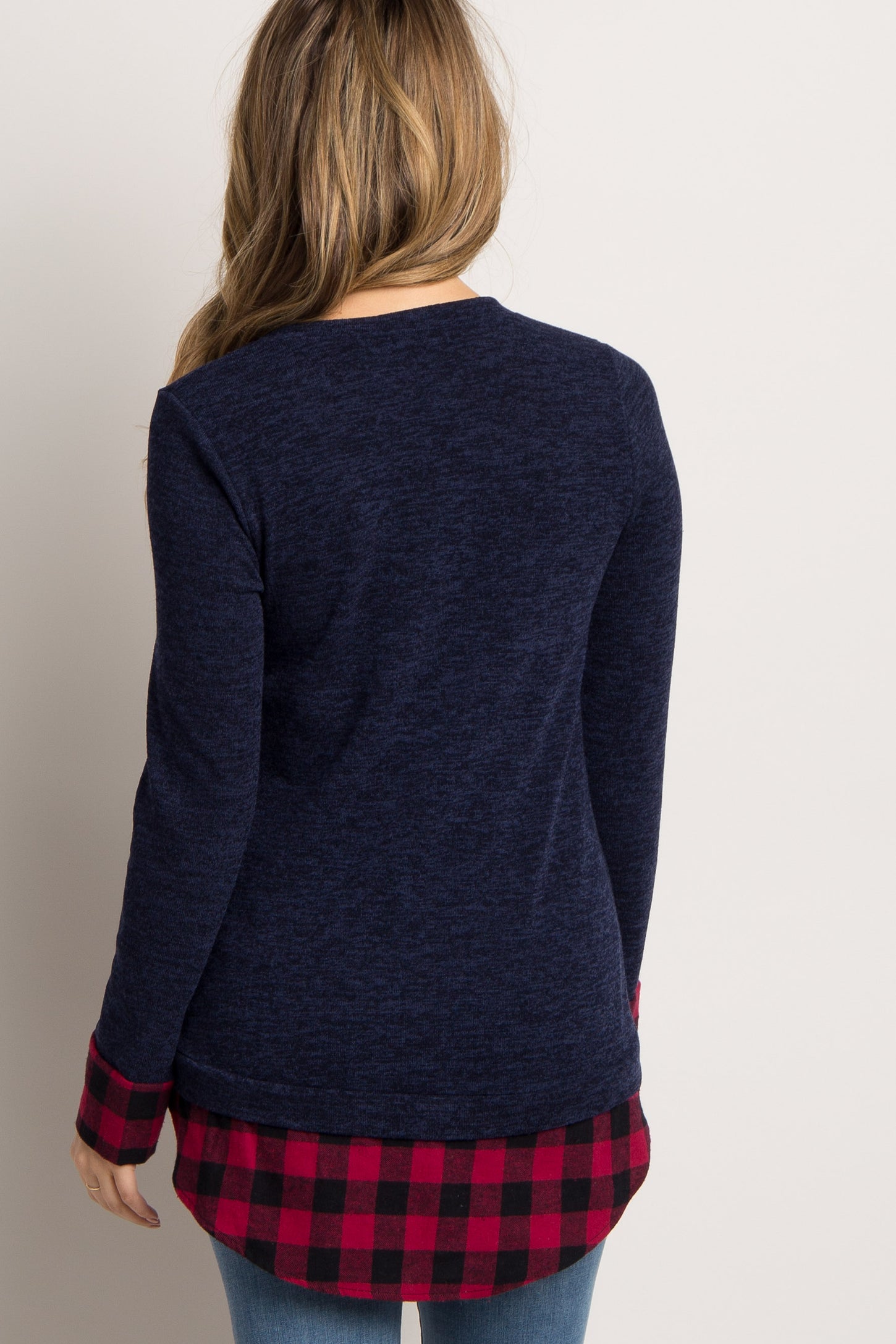 Navy Plaid Shirttail Maternity Sweater