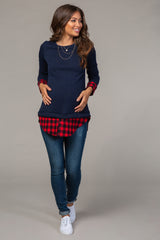 Navy Plaid Shirttail Maternity Sweater