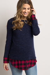 Navy Plaid Shirttail Maternity Sweater