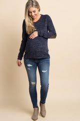 Navy Heathered Sequin Elbow Patch Maternity Sweater