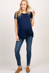 PinkBlush Navy Blue Short Sleeve Knot Hem Maternity Top